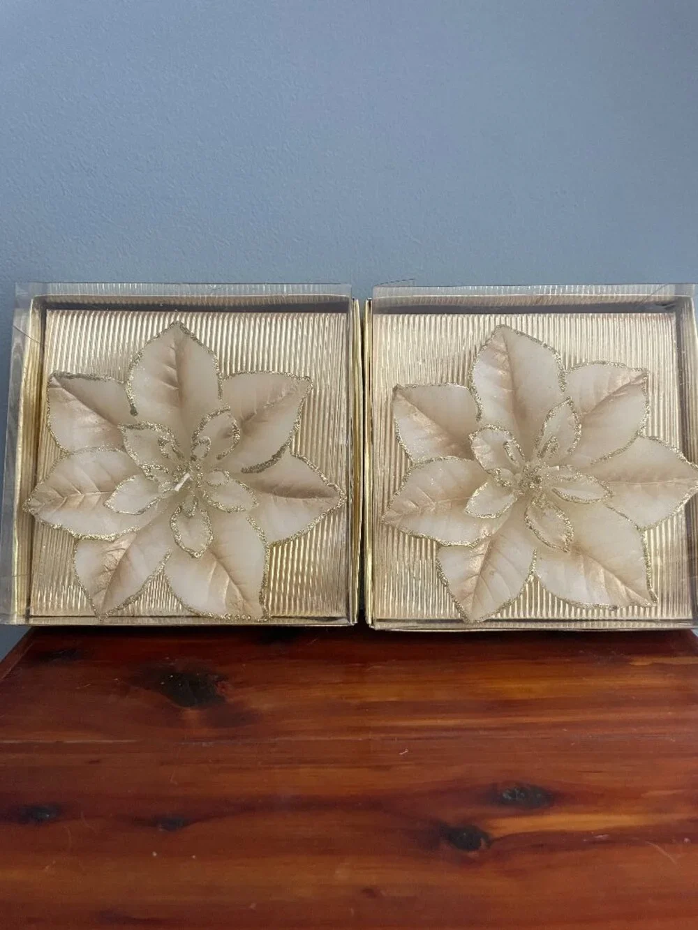 Set of 2 Poinsettia Candles Floating Cream Gold Glitter